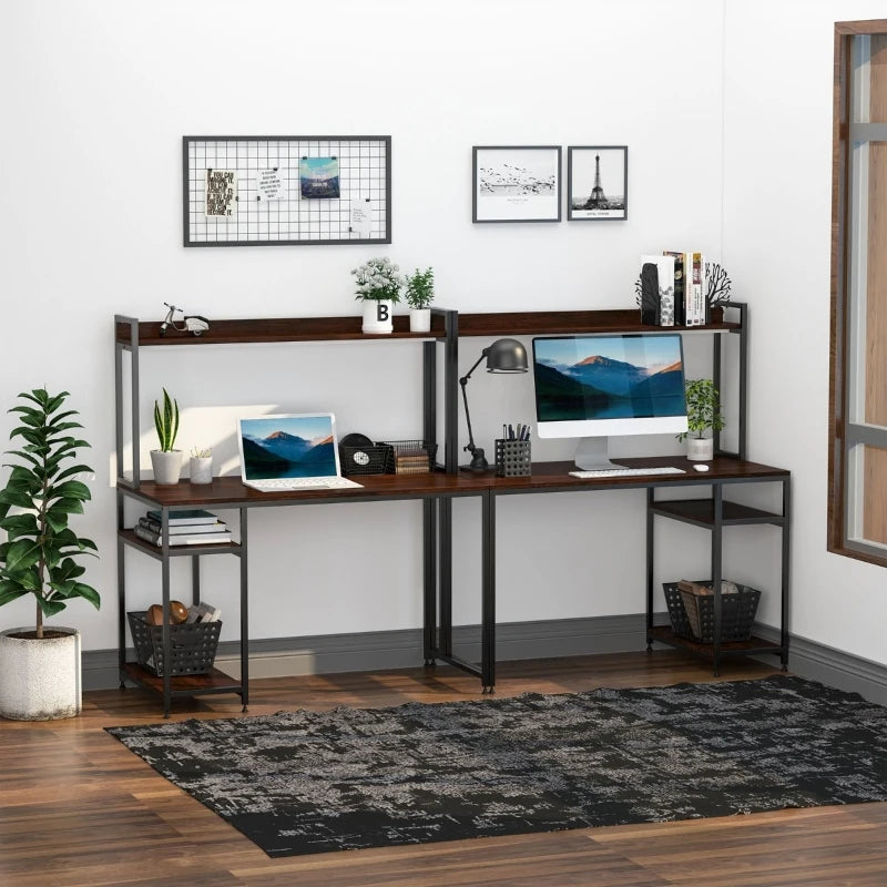 HOMCOM 94.5in Industrial Double Computer Desk with Hutch and Storage Shelves, Extra Long Home Office Writing Table 2 Person Workstation, CPU Stand, Oak Wood Grain