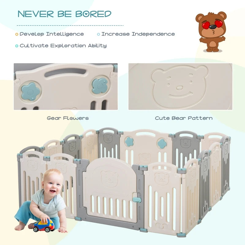 Qaba 16-Piece Indoor Safety Childrens Baby Playpen with Game Piece, Opening Gate & Flexible Design for Peace of Mind