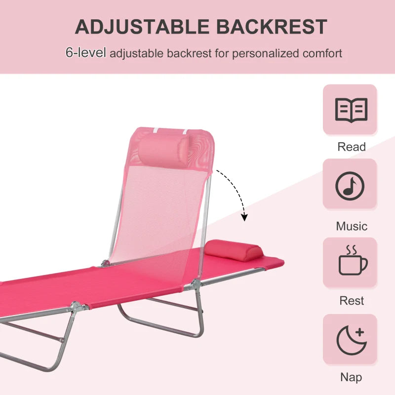 Outsunny Folding Chaise Lounge Pool Chair, Outdoor Sun Tanning Chair with Pillow, Reclining Back, Steel Frame & Breathable Mesh for Beach, Yard, Patio, Pink