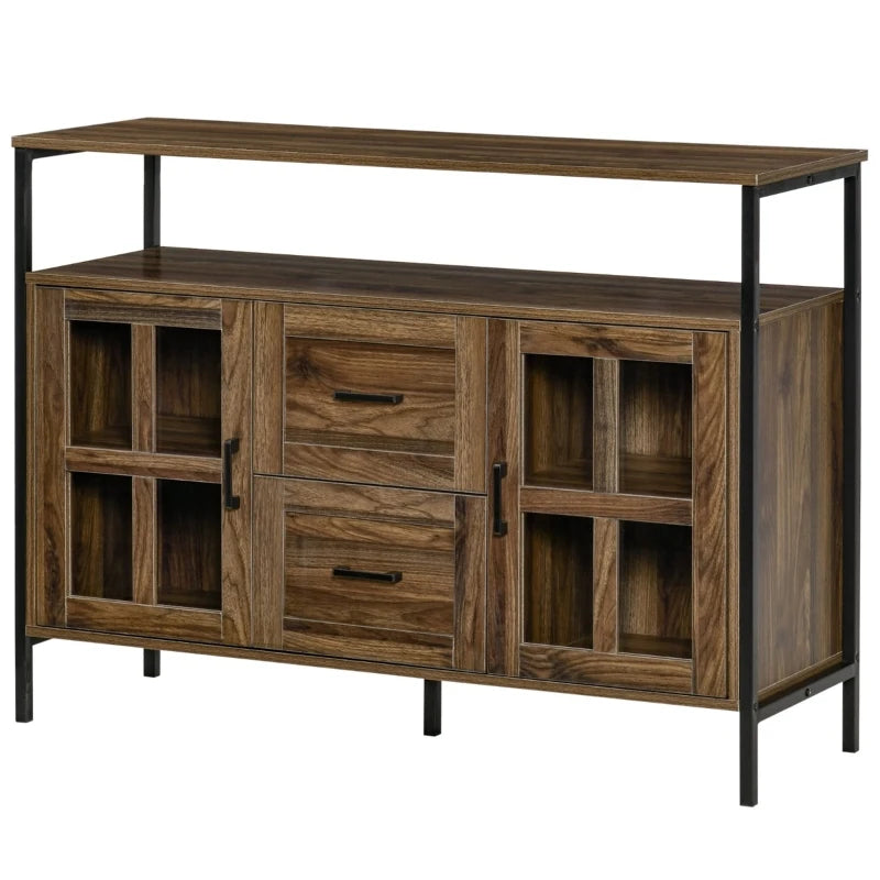 HOMCOM Industrial Sideboard Buffet Cabinet, Kitchen Cabinet, Coffee Bar Cabinet with Adjustable Shelves, Glass Doors, and 2 Drawers for Living Room, Brown