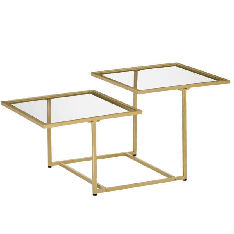 HOMCOM 38" Modern Tempered Glass Coffee Table, Side Table with 2 Tabletops for Living Room, Office, Bedroom, Gold