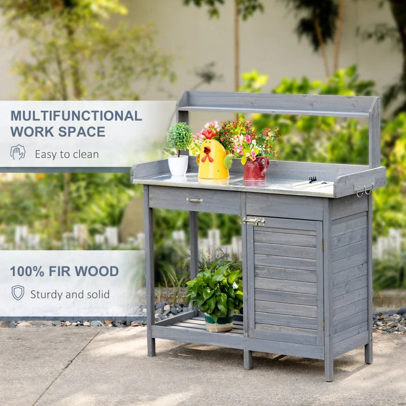 Outsunny Garden Potting Bench Table with Lockable Storage Cabinet and Open Shelf, Outdoor Planting Workstation with Steel Tabletop, Natural