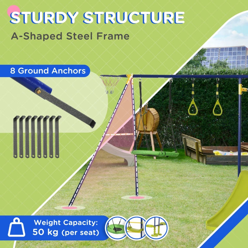 Outsunny Heavy-Duty Metal Swing Set for Backyard, with A-Frame Swing Stand, Saucer Swing, Glider, Slide, Gym Rings, Basketball Hoop, Ground Stakes, for Outdoor Indoor, Aged 3-12 Years Old