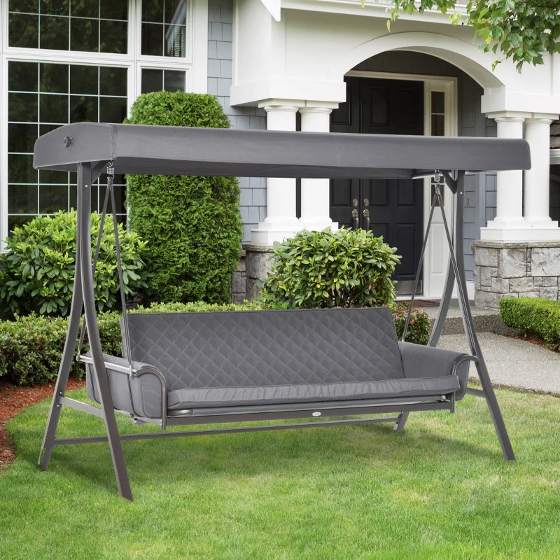 Outsunny 3-Seat Patio Swing Chair, Converting Flatbed, Outdoor Porch Swing Glider with Adjustable Canopy, Removable Cushions, Pillows for Garden, Poolside, Backyard, Gray