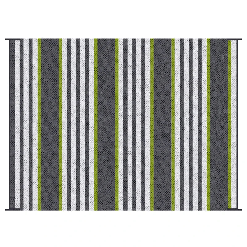 Outsunny Reversible Outdoor Rug Carpet, 9' x 12' Waterproof Plastic Straw Rug, Portable RV Camping Rugs with Carry Bag, Large Floor Mat for Backyard, Deck, Picnic, Beach, Green & Gray Striped