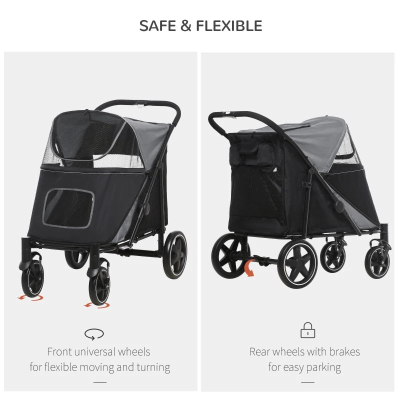 PawHut One-Click Foldable Doggy Stroller for Medium Large Dogs, Pet Stroller with Storage, Smooth Ride with Shock Absorption, Mesh Window, Safety Leash, Big Dog Walking Stroller, Gray