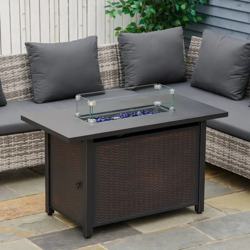 Outsunny 43in Outdoor Propane Gas Fire Pit Table, 50,000 BTU Auto-Ignition Wicker Gas Firepit with Glass Wind Guard, Blue Glass Rock, CSA Certification, Brown