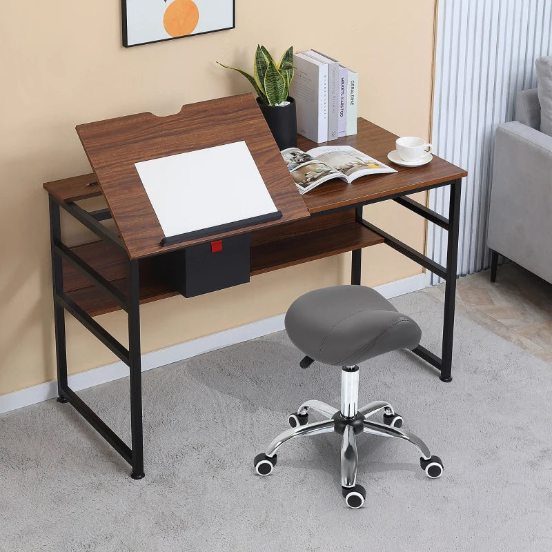 HOMCOM Drafting Table, Adjustable Drawing Desk, Multifunctional Writing Desk with 15-Level Tiltable Tabletop and Storage Shelf for Home Office, Walnut