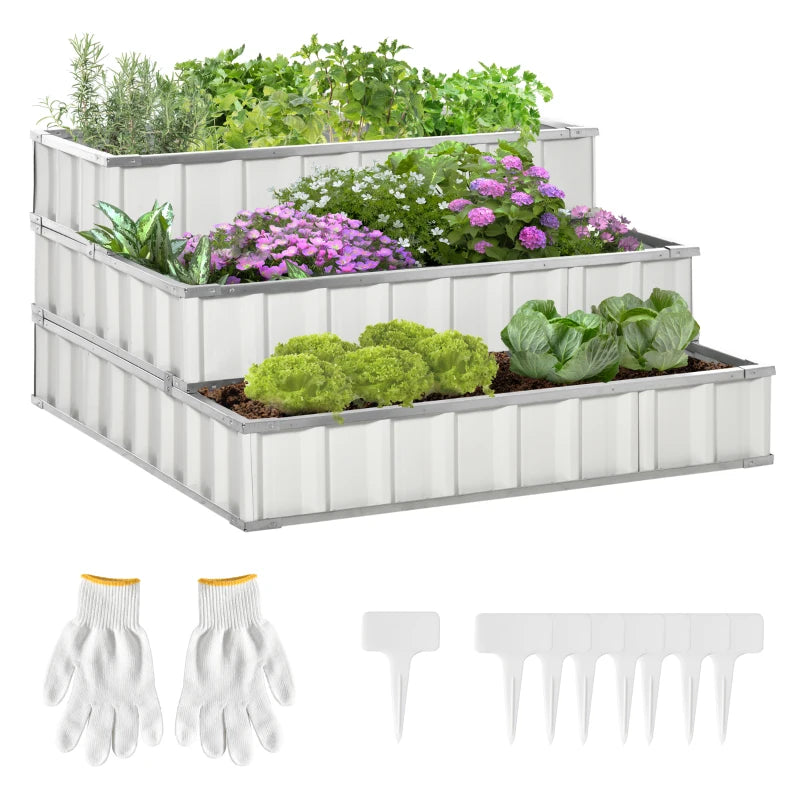 Outsunny 3 Tier Raised Garden Bed, Metal Elevated Planter Box w/ Gloves, Easy Assembly-1