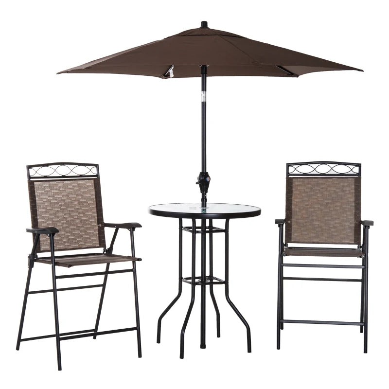 Outsunny Bistro Porch Furniture, Set of 2 Patio Chairs, Folding, Small Outdoor Dining Table, Textured Glass, Angle Adjustable Umbrella, Brown