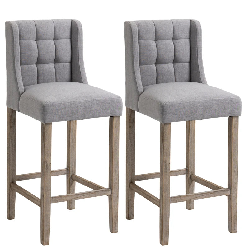 HOMCOM Modern Bar Stools, Tufted Upholstered Barstools, Pub Chairs with Back, Rubber Wood Legs for Kitchen, Dinning Room, Set of 2, Beige