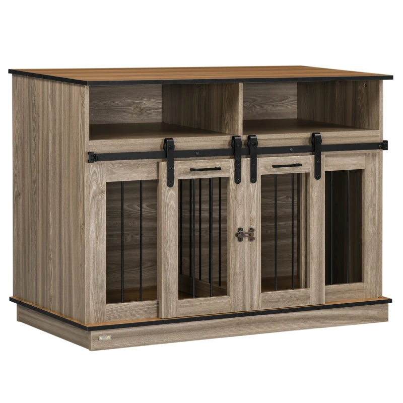 PawHut Dog Crate Furniture for Large Small Dogs, Double Dog Kennel, Oak