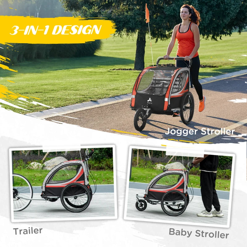 ShopEZ USA 3-in-1 Bike Trailer for Kids, Running Stroller with 2 Seats, Jogging Cart with 5-Point Harness, Storage Units, Red