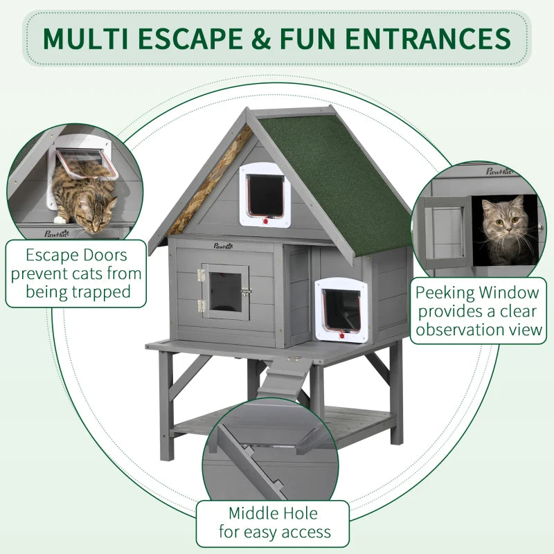 PawHut Wooden Cat House Outdoor with Escape Door, Weatherproof 3-Floor Cat Shelter for 1-2 Feral Cats with Asphalt Roof, Balcony, Stair, Gray