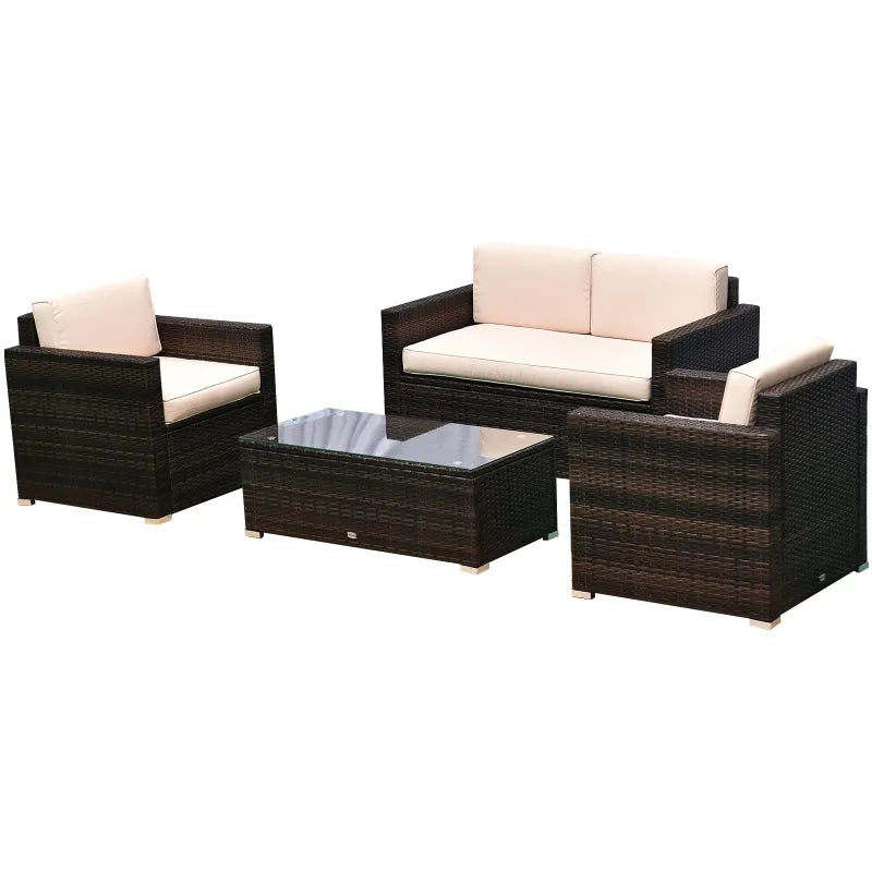 Outsunny 4 Piece Wicker Patio Furniture Set with Cushions, Outdoor Sectional Furniture with 2 Sofa, Loveseat, and Glass Top Coffee Table, Conversation Sofa Sets for Garden, Beige