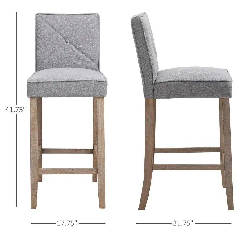 HOMCOM Modern Bar Stools Set of 2, Upholstered Barstools Kitchen Island Chair with Build-In Footrest, Solid Wood Legs, Grey