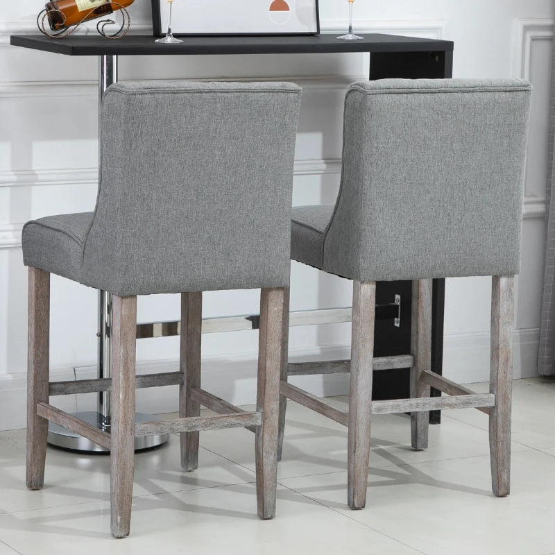 HOMCOM 26.25" Counter Height Bar Stools, Tufted Wingback Armless Upholstered Dining Chair with Rubber Wood Legs, Set of 2, Gray