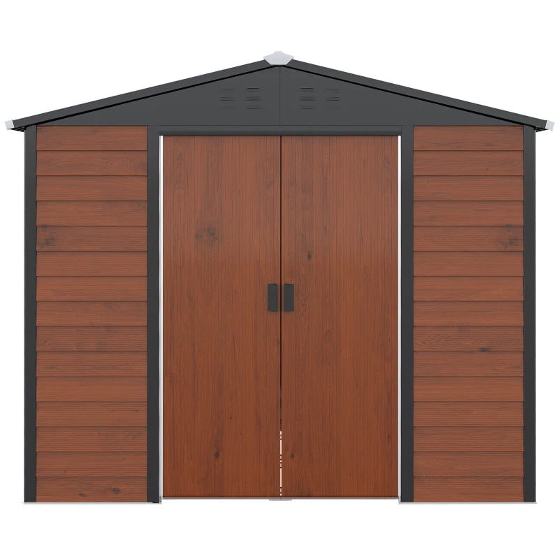 Outsunny 8' x 7' Outdoor Storage Shed, Galvanized Steel Metal Garden Shed with Double Sliding Lockable Door, Floor Frame, Vents, Waterproof Tool Shed for Backyard, Lawn, Patio, Teak