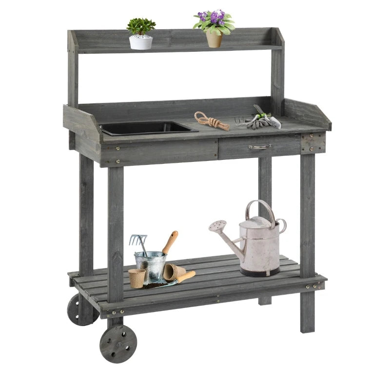Outsunny 36'' Wooden Potting Bench Work Table with 2 Removable Wheels, Sink, Drawer & Large Storage Spaces, Brown