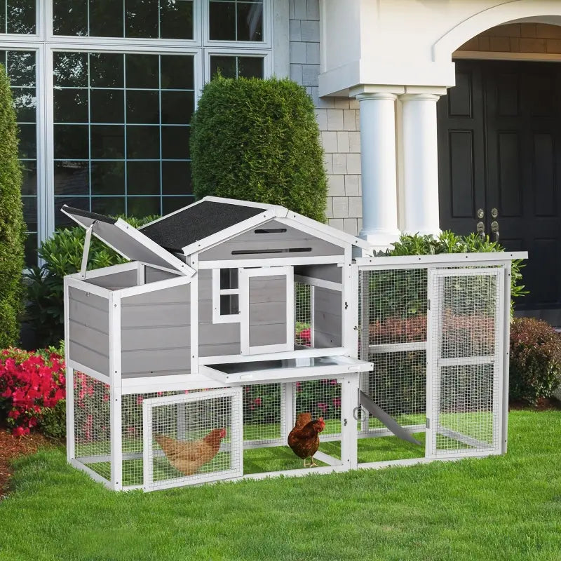 PawHut 76" Wooden Chicken Coop, Outdoor Hen House Poultry Cage with Plant Box, Openable Roof, Outdoor Run, Nesting Box, Removable Tray and Lockable Doors, Grey
