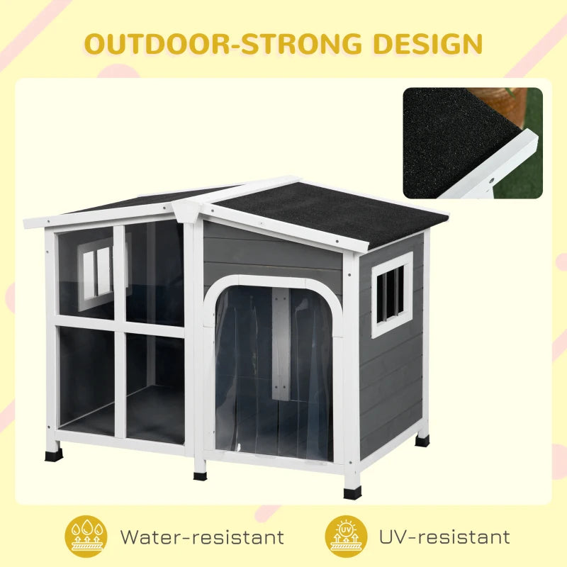 PawHut Cabin-Style Wooden Dog House for Large Dogs Outside with Openable Roof & Giant Window, Big Dog House Outdoor & Indoor, Asphalt Roof, Gray