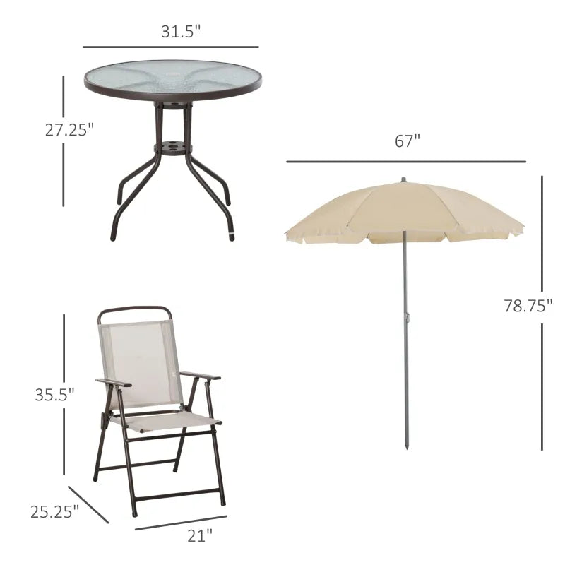 Outsunny 6 Piece Patio Dining Set for 4 with Umbrella, Outdoor Table and Chairs with 4 Folding Dining Chairs & Round Glass Table for Garden, Backyard and Poolside, Beige