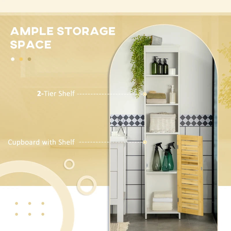 kleankin Tall Bathroom Storage Cabinet, Freestanding Linen Tower with 3-Tier Open Adjustable Shelves, Cupboard and Drawer, Narrow Slim Floor Organizer
