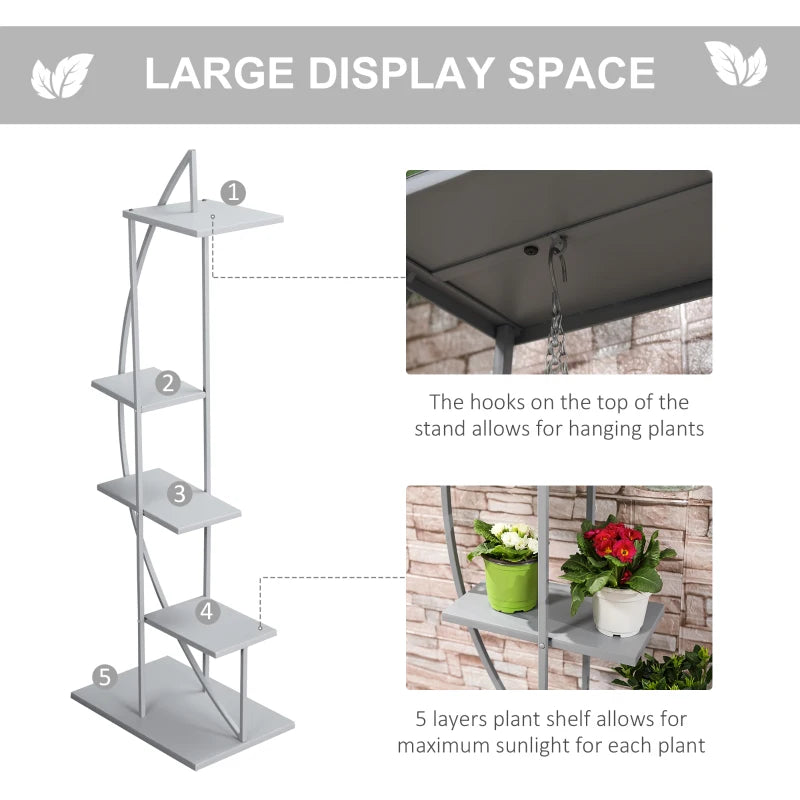 Outsunny 5 Tier Metal Plant Stand with Hangers, Half Moon Shape Flower Pot Display Shelf for Living Room Patio Garden Balcony Decor, White