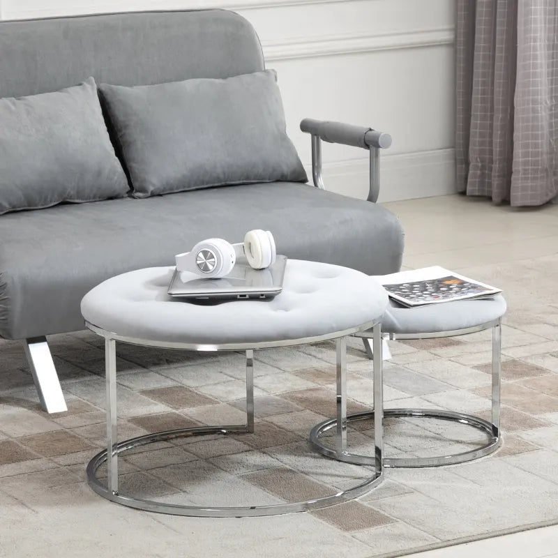 HOMCOM Nesting Coffee Table Set of 2, Round End Tables with Button Tufted Top for Living Room, Bedroom, Grey