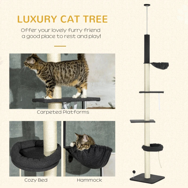 PawHut Floor To Ceiling Cat Tree, 5-Tier Cat Climbing Tower, 95''-106'' Height Adjustable with Carpeted Platforms, Cozy Bed, Hammock, Scratching Post & Toy Ball for Indoor Cats, Black and Cream