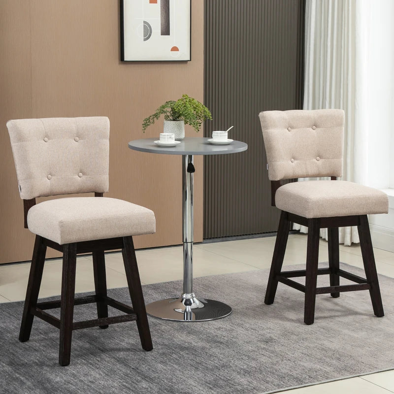 HOMCOM Swivel Bar Stools, Set of 2, Fabric Tufted Counter Height Bar Stools with Rubber Wood Legs and Footrest, Dark Grey