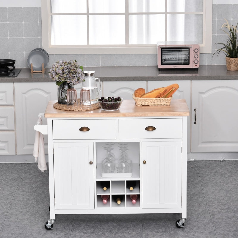 HOMCOM Rolling Kitchen Island on Wheels Ultility Cart with Drop-Leaf and Rubber Wood Countertop, Storage Drawer, Door Cabinet, Grey