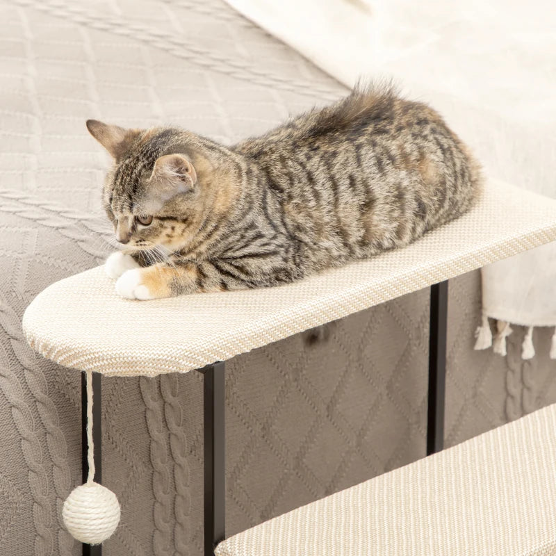 PawHut 20.75" Cat Toy Pet Stairs for High Beds, Cat Stairs for Older Cats and Heavy-Weight Kitties, Pet Steps with Sisal Scratching Post, Cream White