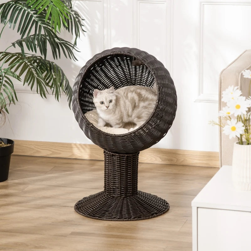 PawHut Handwoven Elevated Cat Bed with Soft Cushion & Cat Egg Chair Shape, Cat Basket Bed Kitty House with Stand, Raised Wicker Cat Bed for Indoor Cats, 20" Dia. x 23.5" H, Dark Brown