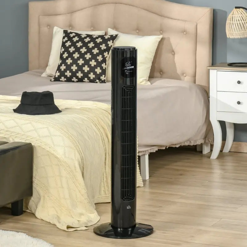 HOMCOM 37.75" Tower Fan for Bedroom Cooling with Aroma Diffuser, 70° Oscillating, 12 Hour Timer, LED Sensor Panel, and Remote Control, Black