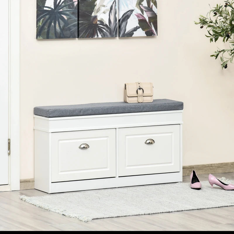 HOMCOM Entryway Shoe Bench Storage Ottoman with Adjustable Shelving, 6 Compartments, and Padded Seat, White/Grey