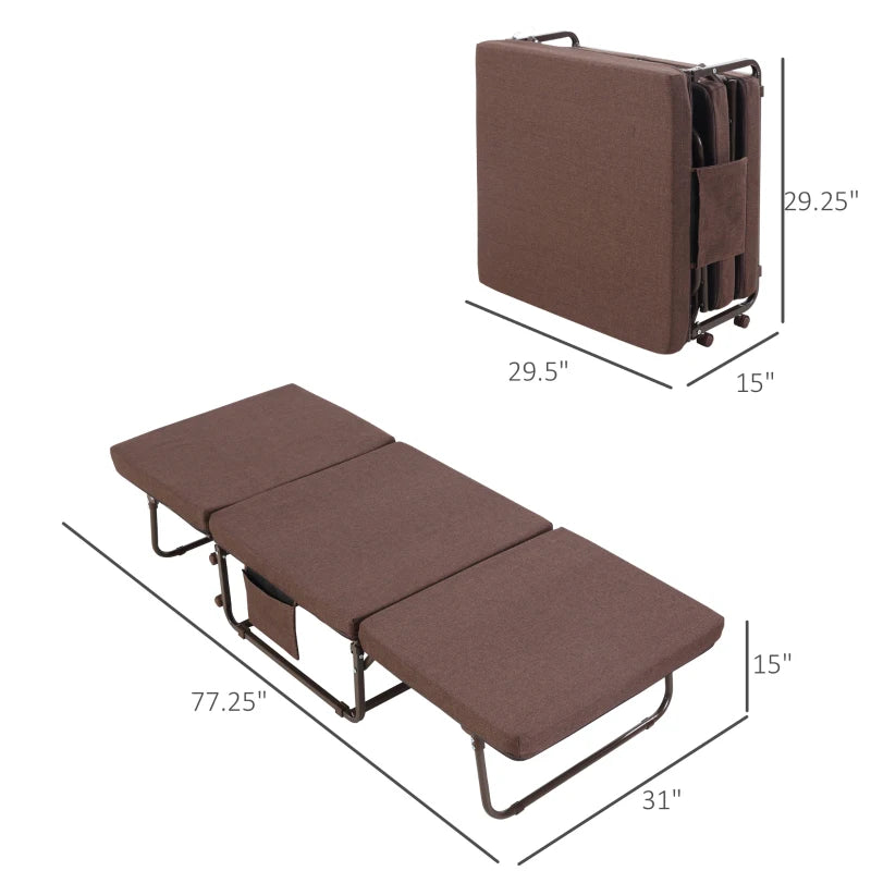 HOMCOM Rollaway Bed, Folding Bed with 3.25" Mattress, Portable Foldable Guest Bed with Adjustable Backrest, Steel Frame and Wheels, Brown