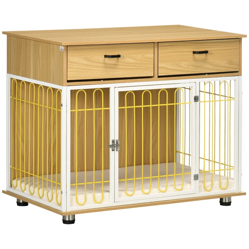 PawHut Dog Crate with Drawers, Soft Cushion, Lockable Door, for Small and Medium Dogs, Oak