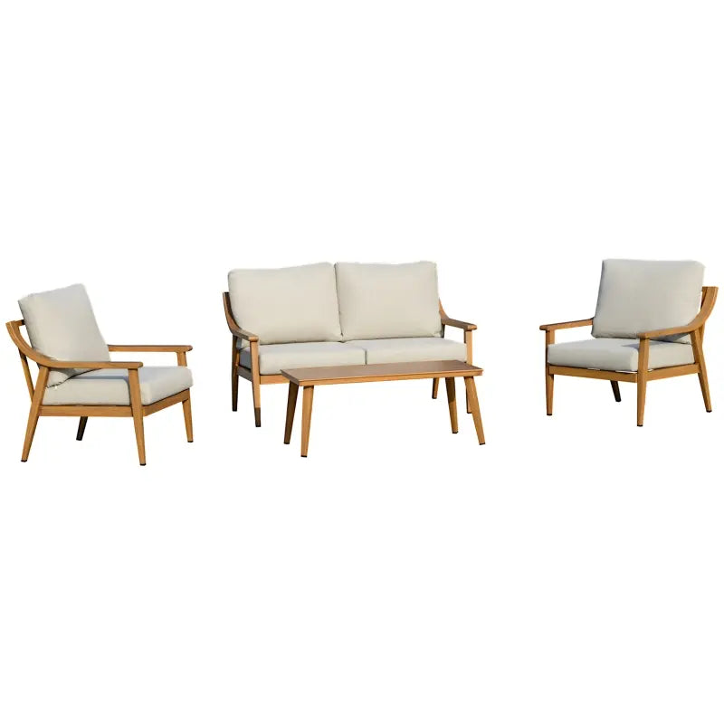 Outsunny 4-Piece Patio Furniture Set Aluminium Garden Conversation Sofa Set with Coffee Table and Soft Cushions, Khaki