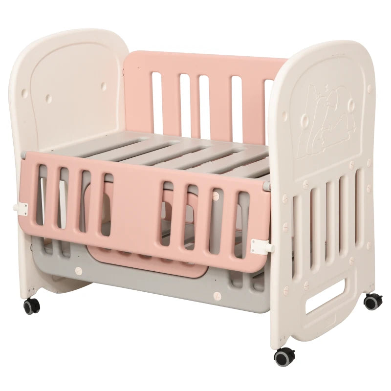 Qaba Convertible Crib with Wheels, Bedside Bassinet Use, and Rocking Cradle Abilities, Baby Crib without Mattress, Colors for Baby Boy or Baby Girl, Bassinet Crib, Pink