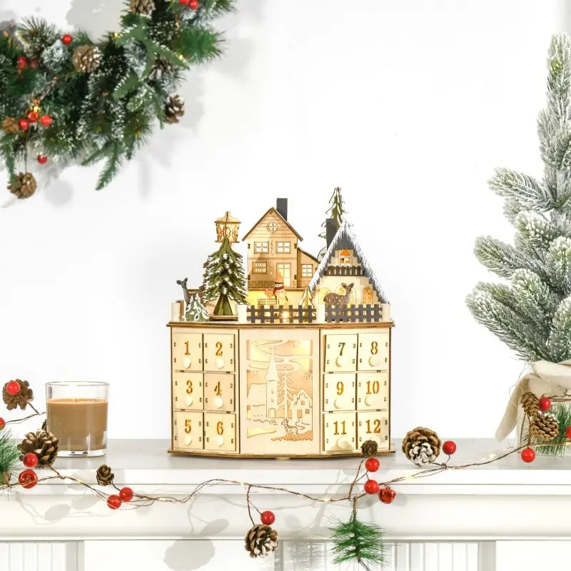 HOMCOM Christmas Advent Calendar, Light Up Table Xmas Wooden Holiday Decoration with Countdown Drawers and Village, for Kids and Adults, Natural