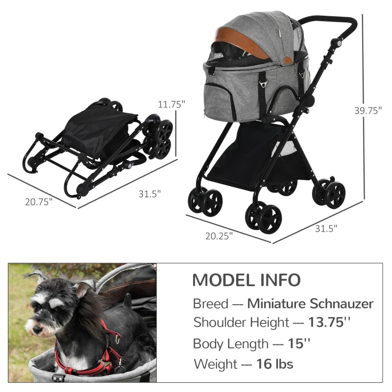 PawHut Dog Stroller 5 in 1 with Brakes Carrier Bag Mesh Windows for Small Animals