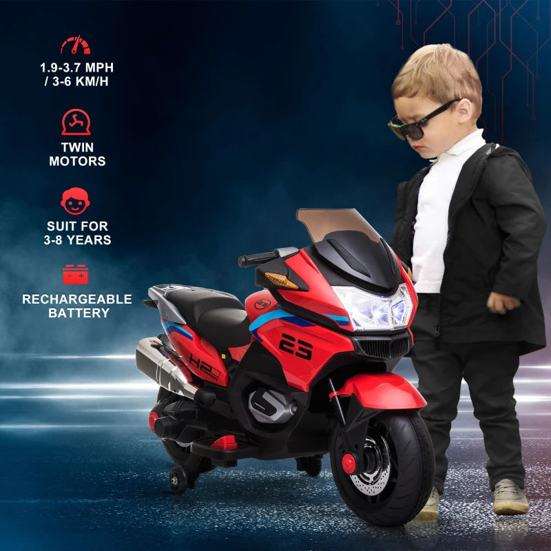ShopEZ USA Kids Motorcycle with Training Wheels, 12V Ride-on Toy for Ages 3-8 Years Old at 3.7 Mph Top Speed, Battery-Operated Motorbike for Kids with Lights, Music, Red