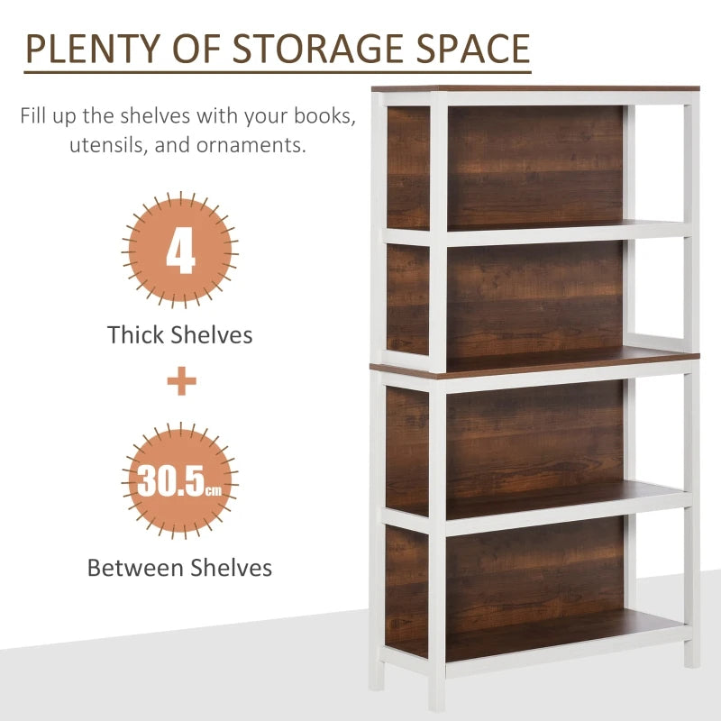HOMCOM 4 Tier Bookshelf Utility Storage Shelf Organizer with Back Support and Anti-Topple Design - Walnut/Black