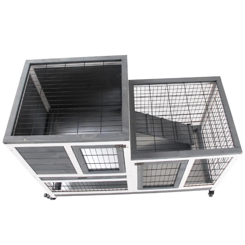 PawHut Wooden Rabbit Hutch Elevated Bunny Cage Indoor Small Animal Habitat with Enclosed Run with Wheels, Ramp, Removable Tray Ideal for Guinea Pigs, Grey