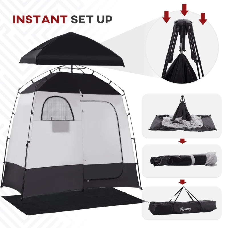 Outsunny Pop Up Shower Tent w/ Two Rooms, Shower Bag, Floor and Carrying Bag, Portable Privacy Shelter, Instant Changing Room for 2 Person, Blue