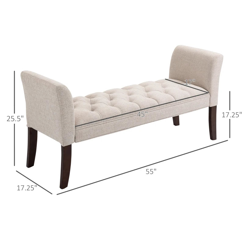 HOMCOM End of Bed Bench with Button Tufted Design, Upholstered Bedroom Entryway Bench with Arms and Solid Wood Legs for Bedroom, Cream White