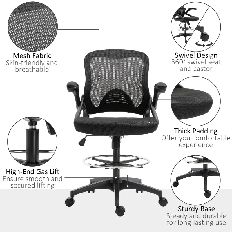 Vinsetto Mesh Drafting Chair, Tall Office Chair with Lumbar Support, Flip-Up Armrests, Footrest Ring and Adjustable Seat Height, Black