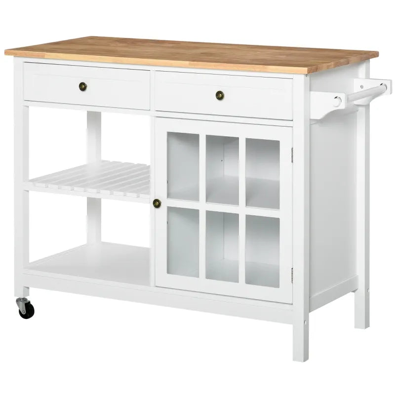 HOMCOM Rolling Kitchen Island with Storage, Utility Kitchen Cart with 2 Drawers, 2 Cupboards, Towel Rack and Spice Rack, Microwave Cart for Dining Room, White