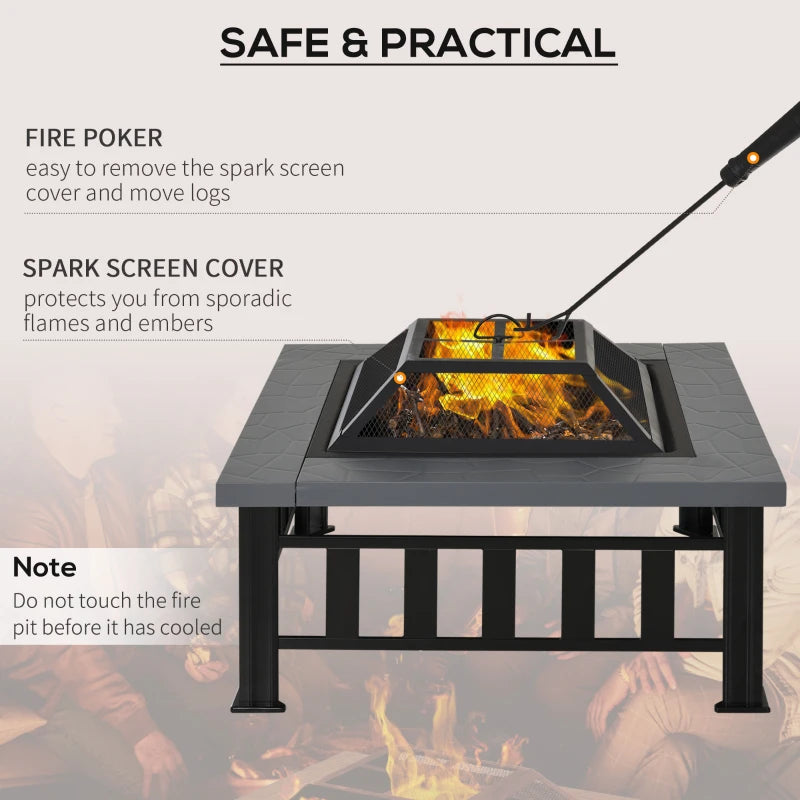 Outsunny 34" x 32" Outdoor Fire Pit Table BBQ Grill, Portable Wood Burning Fireplace, Camping Firepit with Cooking Grate, Spark Screen, Poker, and Rain Cover, Black